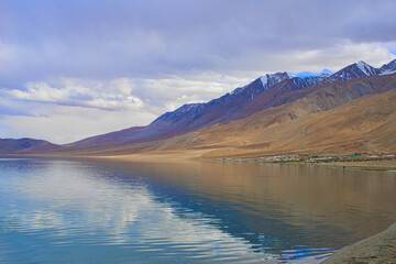 Pangong Tso or Pangong Lake is a brackish water lake, marshes and wetlands. Landscape an endorheic lake in the himalayas, Jammu and Kashmir, India. June 2018