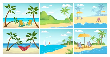 Fototapeta na wymiar Summer beach landscape. Palm ocean relax, empty sea tropical vector background