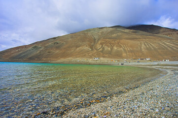 Pangong Tso or Pangong Lake is a brackish water lake, marshes and wetlands. Landscape an endorheic lake in the himalayas, Jammu and Kashmir, India. June 2018