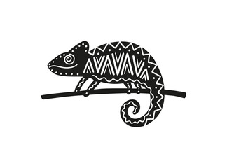 Black silhouette of chameleon with geometric decor vector illustration isolated. © sabelskaya