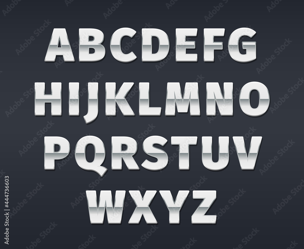 Poster silver alphabet. 3d text templates realistic luxury gradients letters and numbers garish vector alph