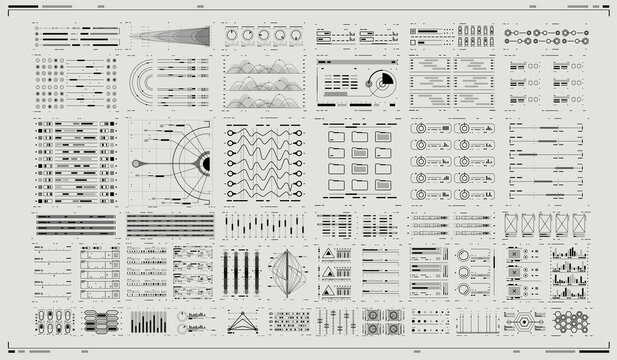 Set of Sci Fi Modern User Interface Elements. Infographic elements. Futuristic virtual graphic. HUD UI for Business App. Digital dashboard panel illustration. Abtract Header Status Bar.