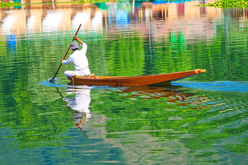 Srinagar, India 07 - July, 2018 : Lifestyle in Dal lake, local man use shikara boat, This is the...