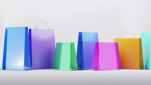 Paper shopping bags mockup, colorful set gift packages with handles. Blank rectangular and square packs for carry, present packaging for branding and corporate identity design. Realistic 3d animation