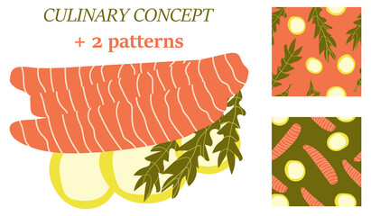 red fish salmon for sushi food menu vector illustration Isolated white background.Two bonus patterns.