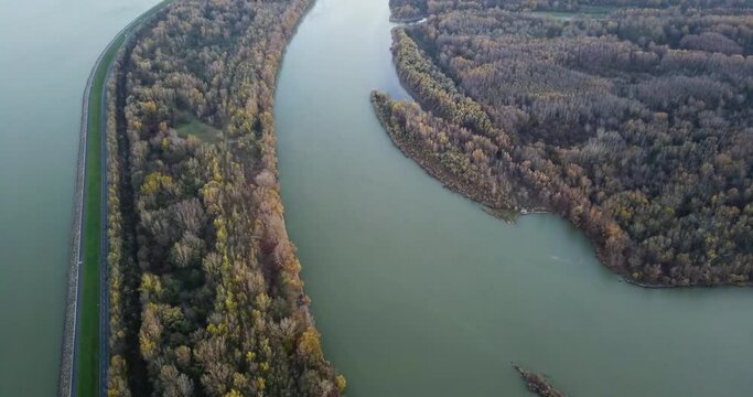 Area around Danubiana museum of modern art at Cunovo in Bratislava, Slovakia. Danube river, aerial footage 4K.