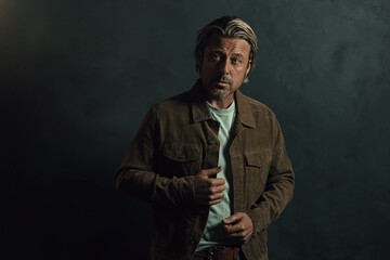 Middle-aged man with a stubble and blond hair wears a brown corduroy jacket with a light green t-shirt.