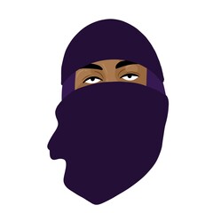 Portrait of a woman with brown skin wearing a dark violet niqab.  