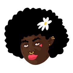 Portrait of a woman with black skin. She has black hair, hearts on her cheek and white flower in her hair. 