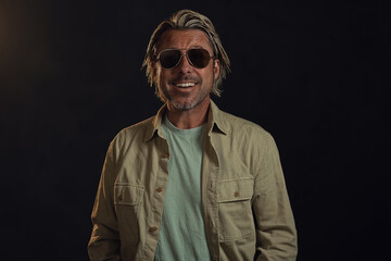 Smiling man with blond hair and a stubble beard and dark aviator sunglasses wears a light green...
