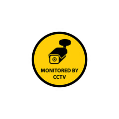 Round yellow sticker with warning about control of premises or area by cctv.