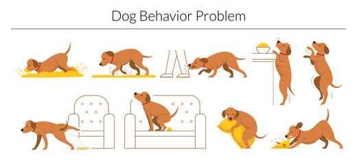 Dog Behavior Problem Set, Digging, Destroying, Biting, Pee and Poop - obrazy, fototapety, plakaty