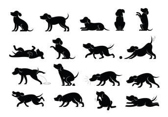 Dog Behavior Silhouette Set, Various Action and Posture