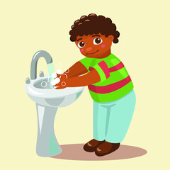 Boy washing hands in the sink. Little cartoon boy in toilet. Single child in bathroom. Vector illustration.