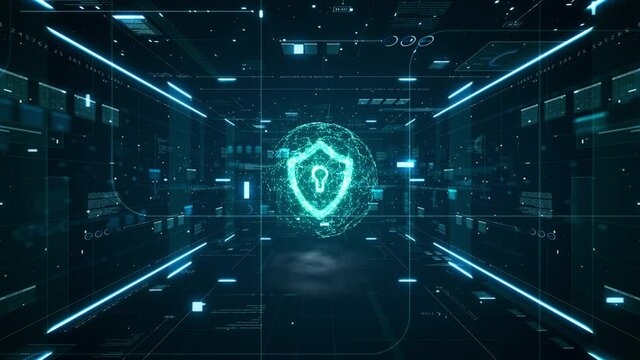 Cyber security concept. Shield With Keyhole icon on digital data background. Cyber data security or information privacy idea. Blue abstract hi speed internet technology. Big data flow analysis. - Powered by Adobe