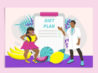 Diet plan with checklist . Flat vector illustration.