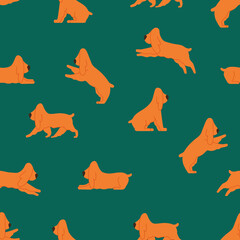 Obraz na płótnie Canvas Orange dog pattern with dog in different poses, runs, walks and sits. Vector seamless pattern