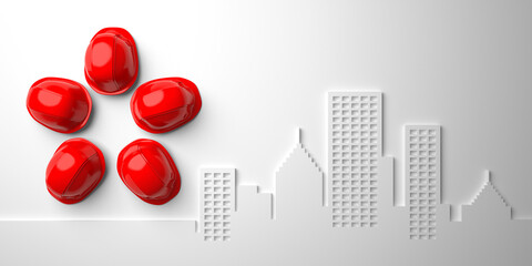 Abstract sun, star or flower laid out of red protective helmets on a white urban silhouette background. Architectural, engineering and construction 3d render layout.