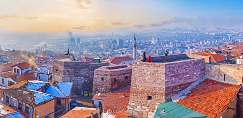 The cityscape with the old towers of Hisar Castle Hill, Ankara, Turkey