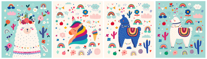 Baby designs with cute llama and unicorn. Baby animals pattern. Vector illustration with cute animal lama, alpaca and unicorn. Nursery baby illustration © moleskostudio