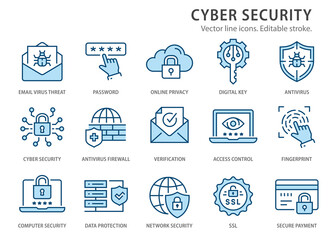 Cyber security line icons set. Vector illustration. Editable stroke.