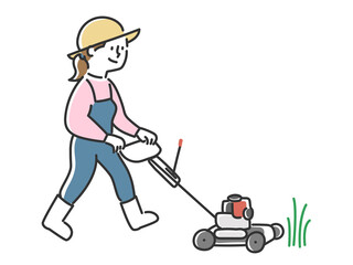 草刈機で除草作業をする若い女性