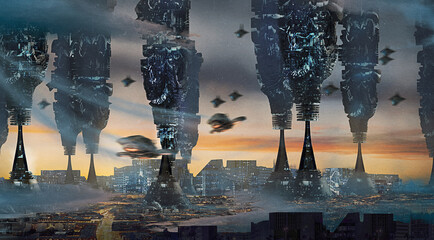 3d illustration of towering sci-fi buildings and flying cars in a futuristic city environment - digital fantasy painting © Dominick