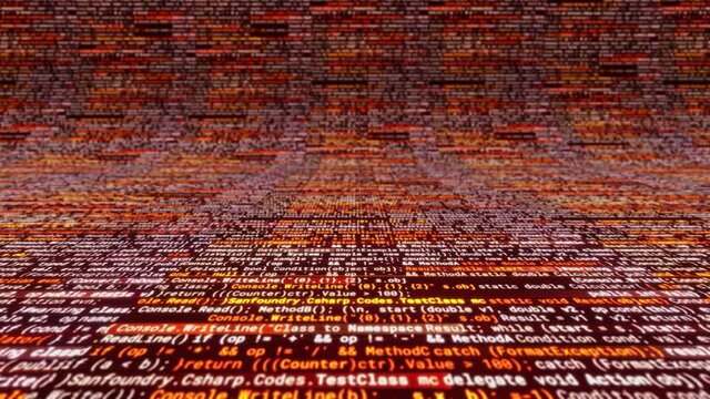 Futuristic computer code programming curving screen with colorful lines on black background. Animation. Scrolling through code program, bending digital texture.