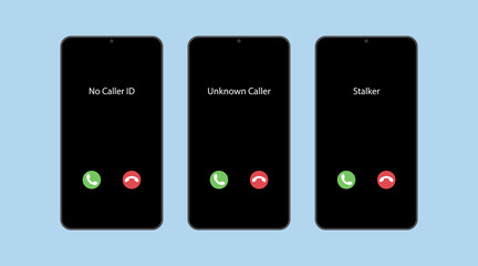 Fototapeta na wymiar Unknown caller. No Caller ID. Stalker. Vector illustration. Model smartphone isolated on a blue background. Phone interface with two icons accept or reject a call