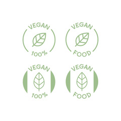 Vegan food and products vector label icon set. 100 % vegan circle sticker set.