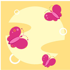 Vector illustration of butterflies on a yellow circle. Family of butterflies. Cute baby card with butterflies. Yellow card with pink butterflies. Summer mood.