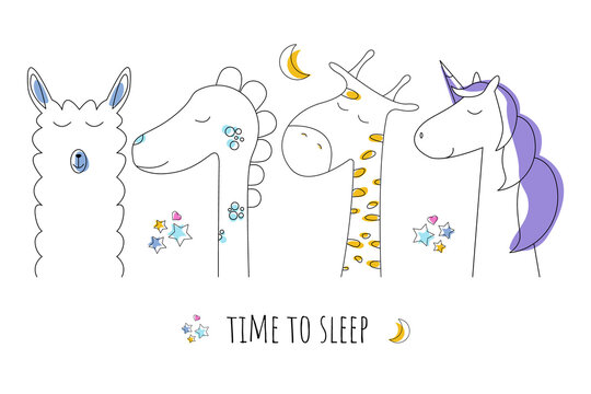 Set of animals in the style of doodle, time to sleep. Unicorn, alpaca, dinosaur and giraffe are sleeping. Vector illustration for children, on a white background.