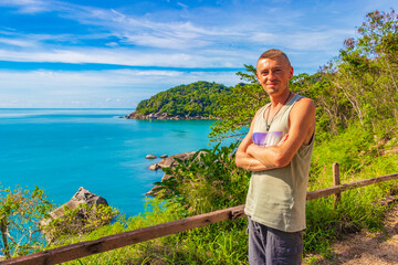 Tourist traveler wit fantastic panoramic view Silver Beach Koh Samui.