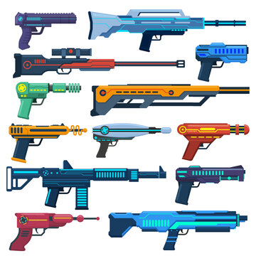 Game futuristic blasters. Space aliens laser, space blasters, guns and rifles for children playing vector illustration set. Futuristic pistols elements