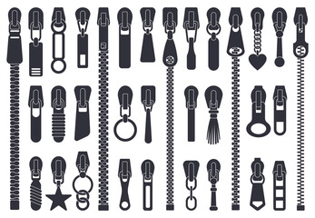 Zipper fasteners. Clothing zipper pullers silhouettes, closed zipper lock, slide fasteners isolated vector illustration set. Sewing zipper elements - obrazy, fototapety, plakaty