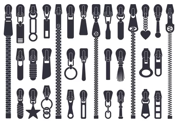 Fotobehang Zipper fasteners. Clothing zipper pullers silhouettes, closed zipper lock, slide fasteners isolated vector illustration set. Sewing zipper elements © WinWin