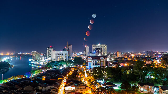 blood moon eclipse lunar phase at Kuching City during eclipse lunar