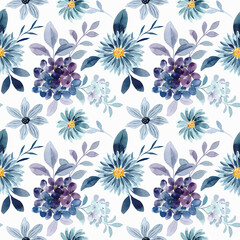 Seamless pattern of blue purple floral watercolor