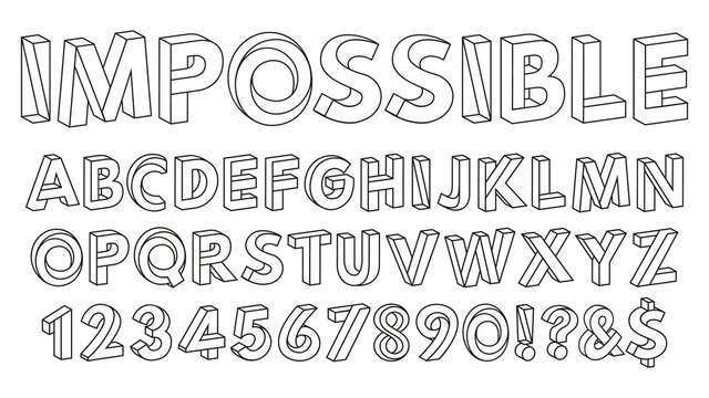 Impossible shapes font. Paradox alphabet letters and numbers, geometric abc figures vector illustration set. Optical illusion impossible alphabet