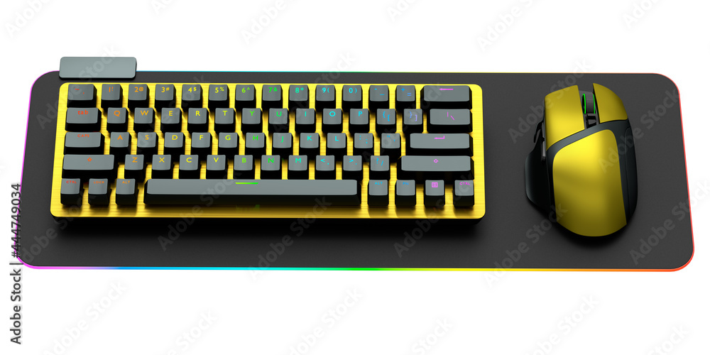 Poster computer keyboard and mouse on professional pad isolated on white background.