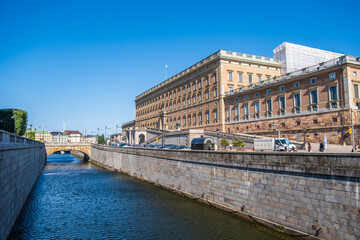 Obraz premium Stockholm, Sweden - July 5 2021: Kungliga slottet, Royal palace in Stockholm, Sweden. Popular sightseeing and tourist destination.