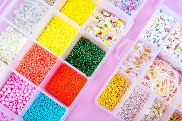 Flatlay of seed beads for making jewelry