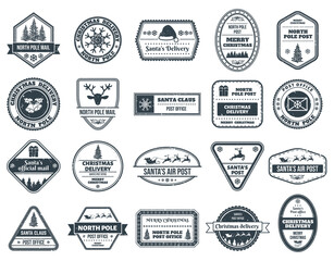 Santa Claus postage stamps. Christmas air mail stamps, winter holidays letter and postcard delivery signs vector illustration set. Xmas Santa Claus stamps