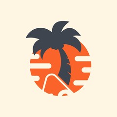 sun with tree palm logo design vector