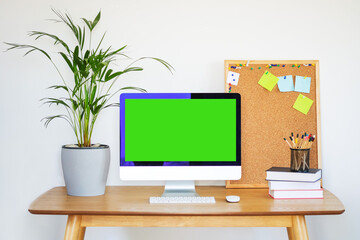 Workspace mockup blank screen laptop, cork board supplies and green palm home plant in pot on table.