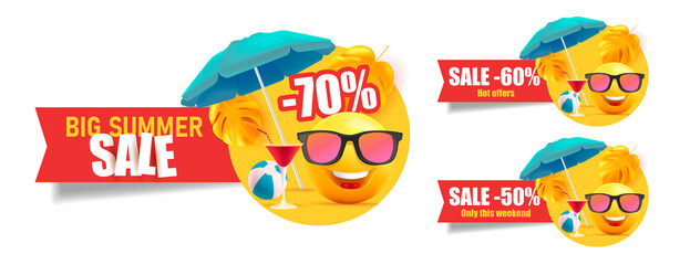 Set of summer sale web labels with yellow smiling faces under umbrella with cocktails on the beach, red ribbon with discounts and promo