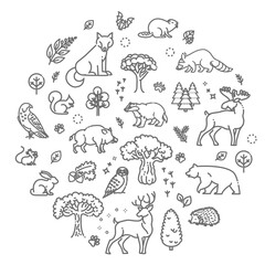 Vector. Set of linear vector forest animals