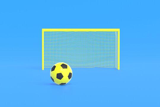 Yellow soccer ball and goal post with net on blue background. Games for hobbies and leisure. International tournament, championship. Sports equipment. 3d render