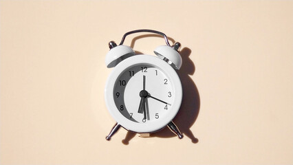 The white vintage alarm clock with shadow - flat lay.