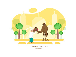 Islamic festival of sacrifice, Eid-Ul-Adha Mubarak background with Muslim boy hugs his camel and buck before the ritual, mosque illustration. 